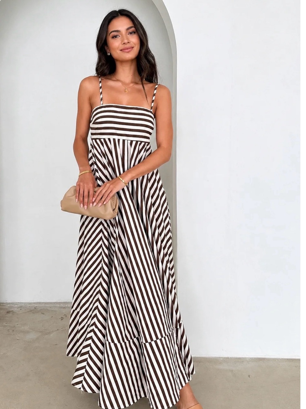 Striped Pleated Cami Long Dress .Pocket
